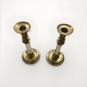 Vintage Lucite & Brass Mid Century Modern Candlesticks Holders Set 2 | 7"